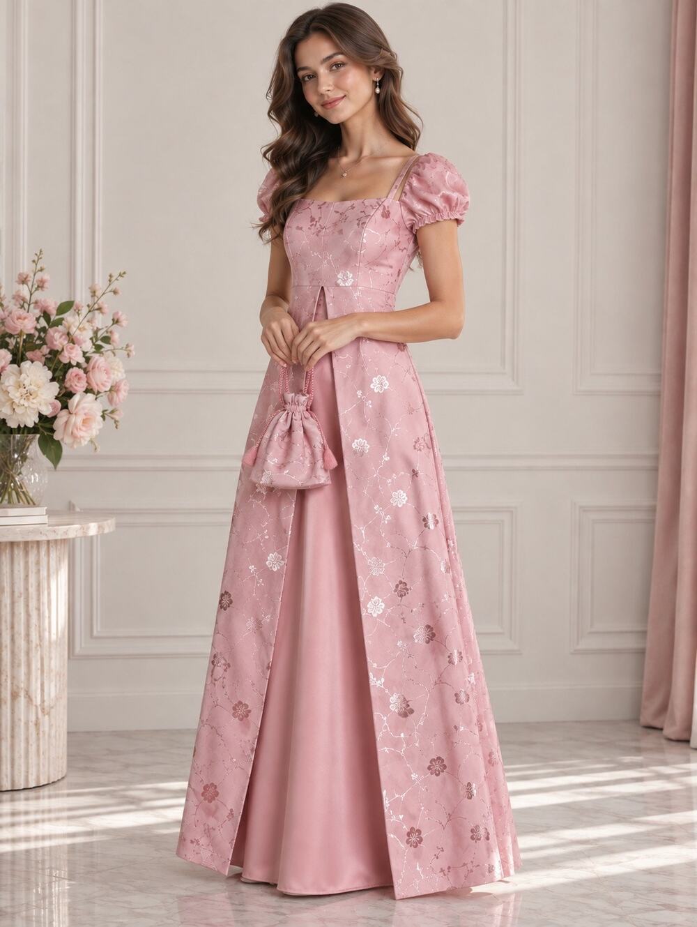Fashioned by Donna Miller Pink Floral Maxi Dress w/ Matching Drawstring Bag